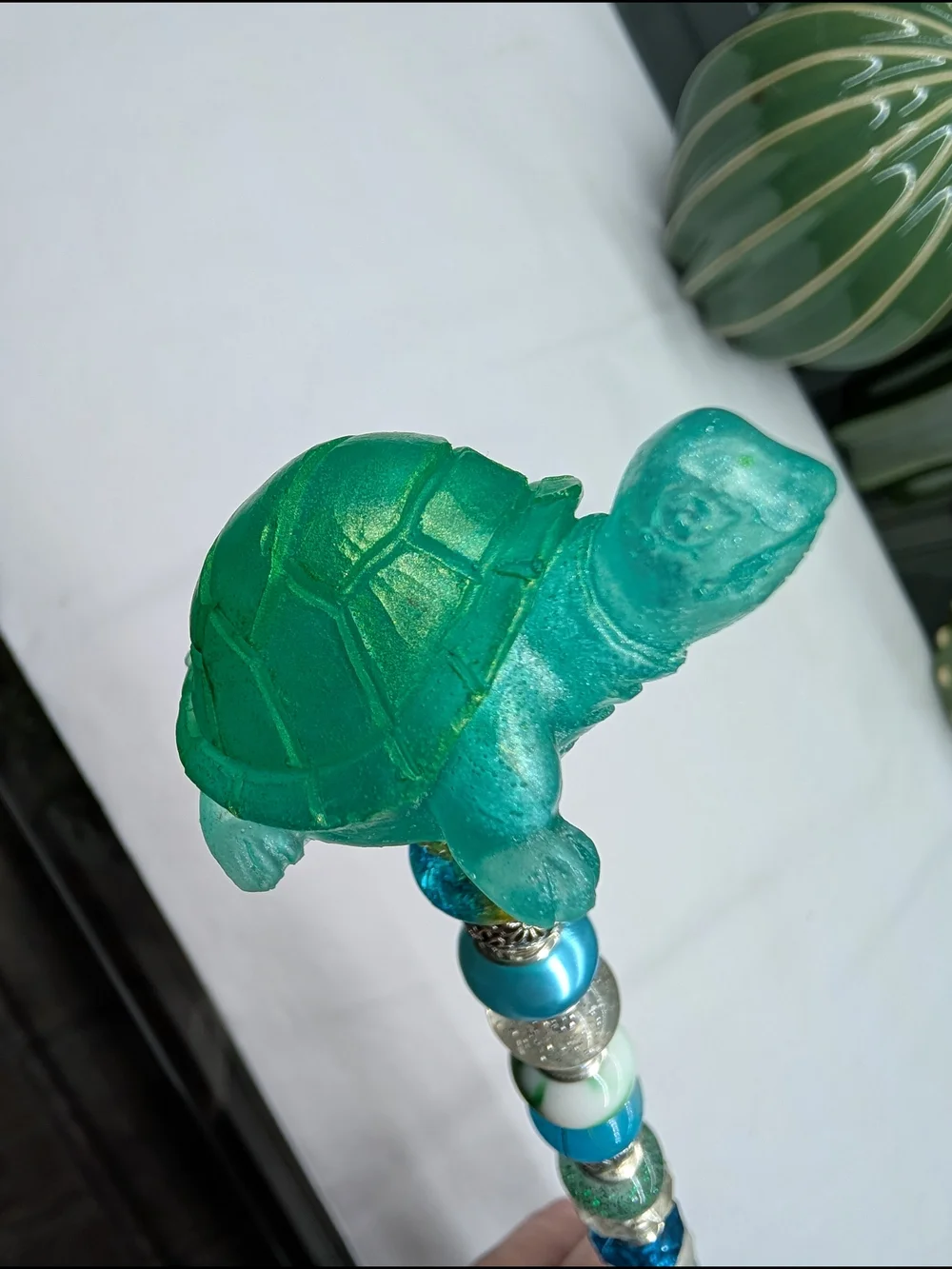 Blue Green Beaded Fairy Wand/Plant/Garden Stake W/Resin Turtle Topper 🐢